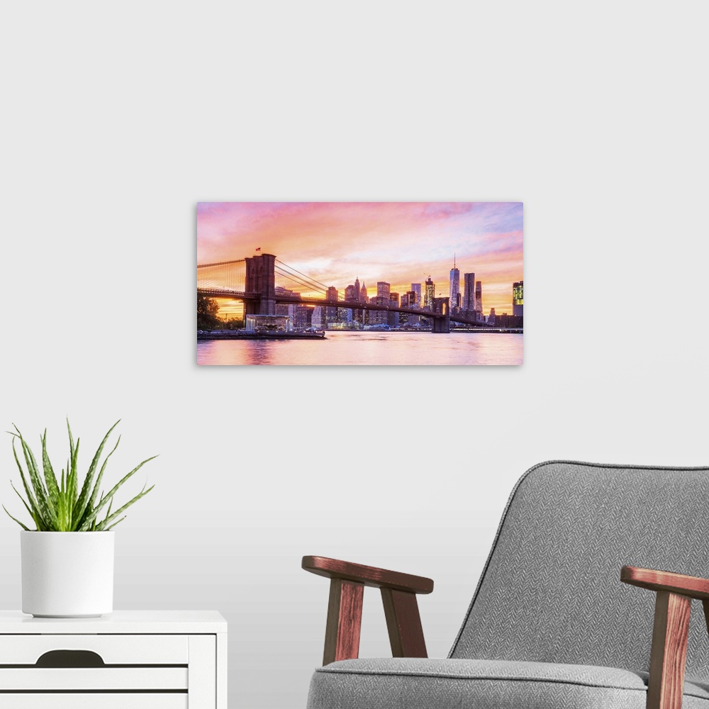 A modern room featuring Brooklyn Bridge and Manhattan skyline, New York, USA.