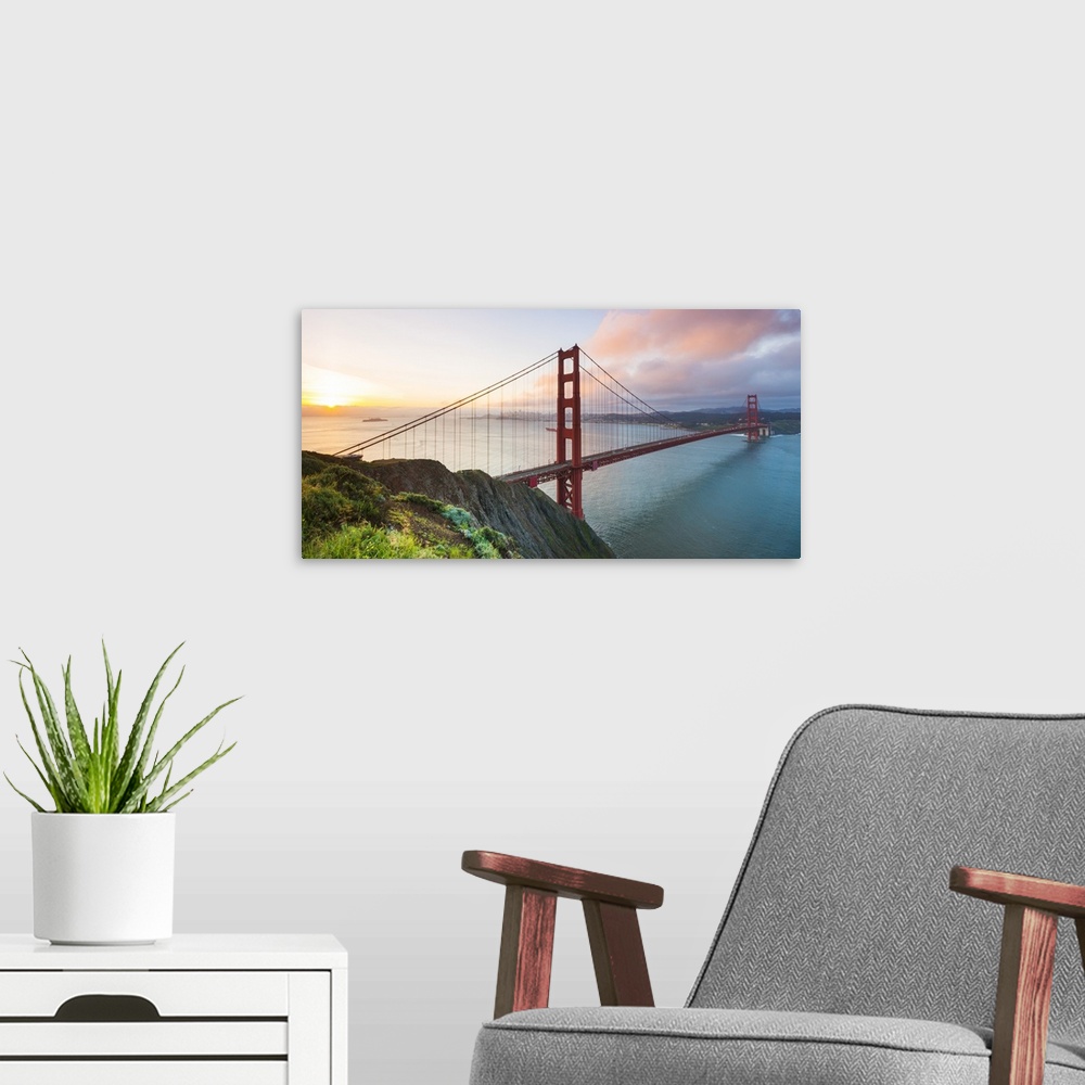 A modern room featuring North America, USA, America, California, San Francisco, sunrise over the Golden Gate bridge.
