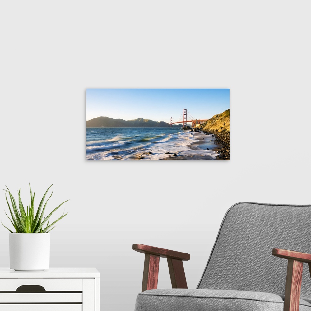 A modern room featuring North America, USA, America, California, San Francisco, View of the Golden Gate bridge from Marsh...