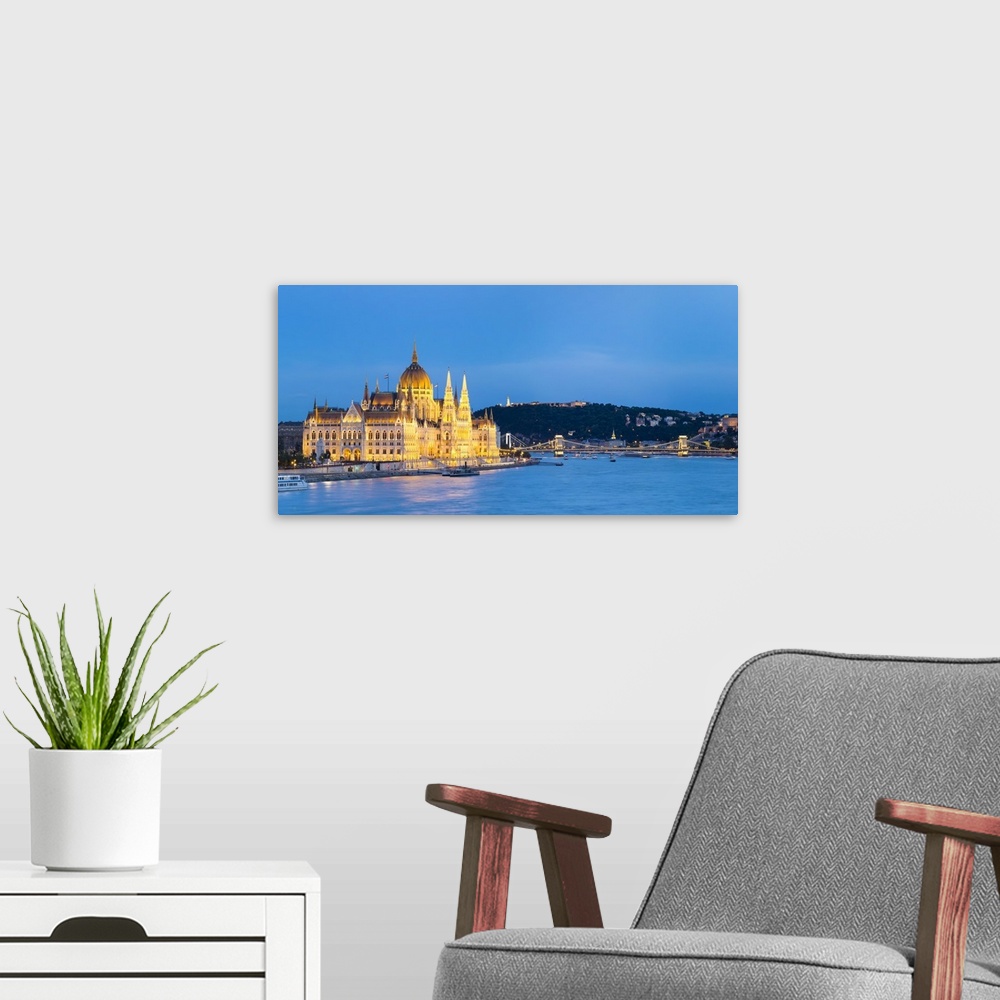 A modern room featuring Hungary, Central Hungary, Budapest. Chain Bridge and the Hungarian Parliament Building on the Dan...
