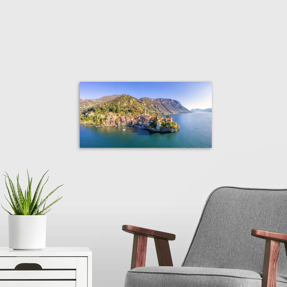 A modern room featuring Panoramic aerial view of Varenna, Como Lake, Lombardy, Italy