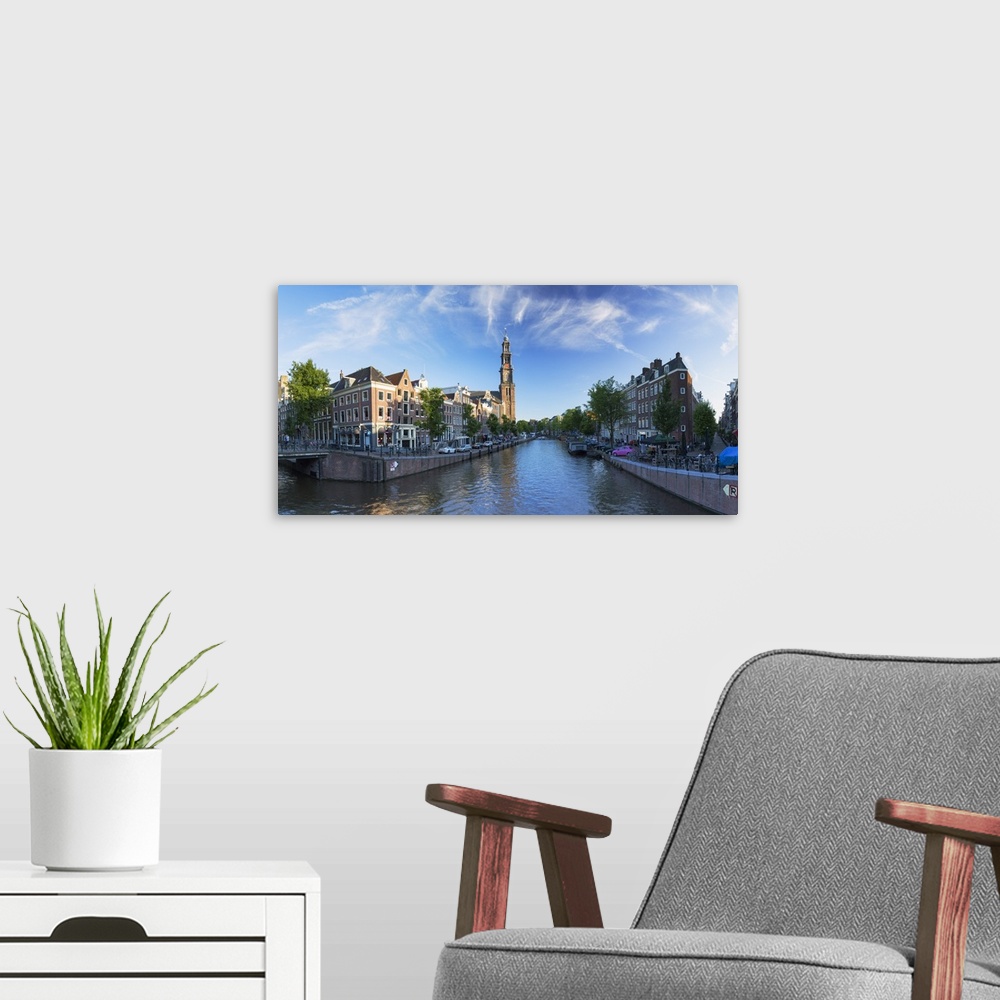 A modern room featuring Prinsengracht canal and Westerkerk, Amsterdam, Netherlands.