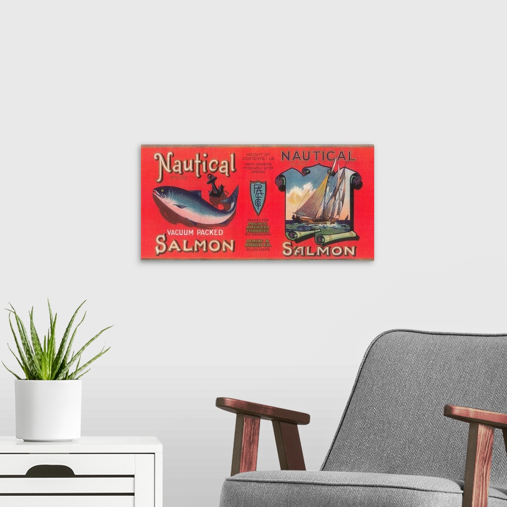 A modern room featuring A vintage label from a can of salmon.
