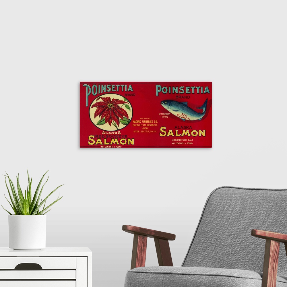 A modern room featuring Poinsettia Salmon Can Label, Port Bailey, AK and Shearwater, AK