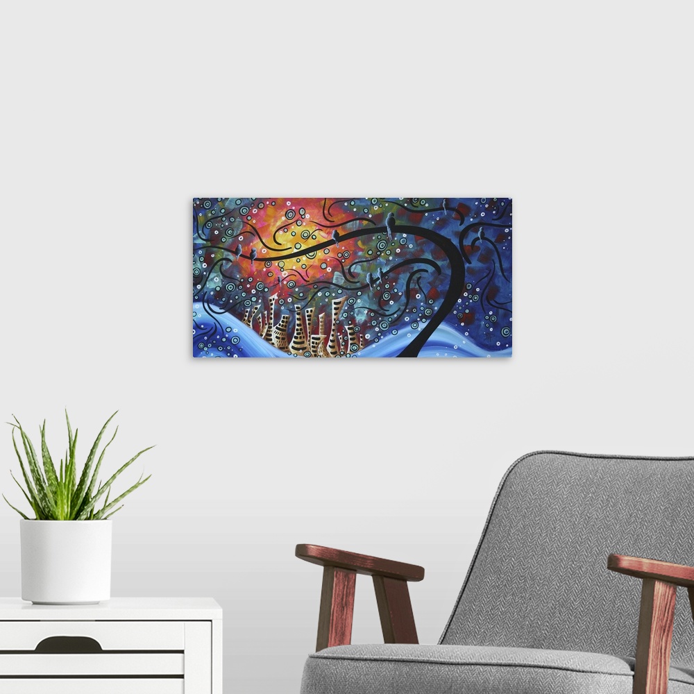 A modern room featuring This is a whimsical painting in MADART's Popular Circle of Life Series but it also includes aspec...