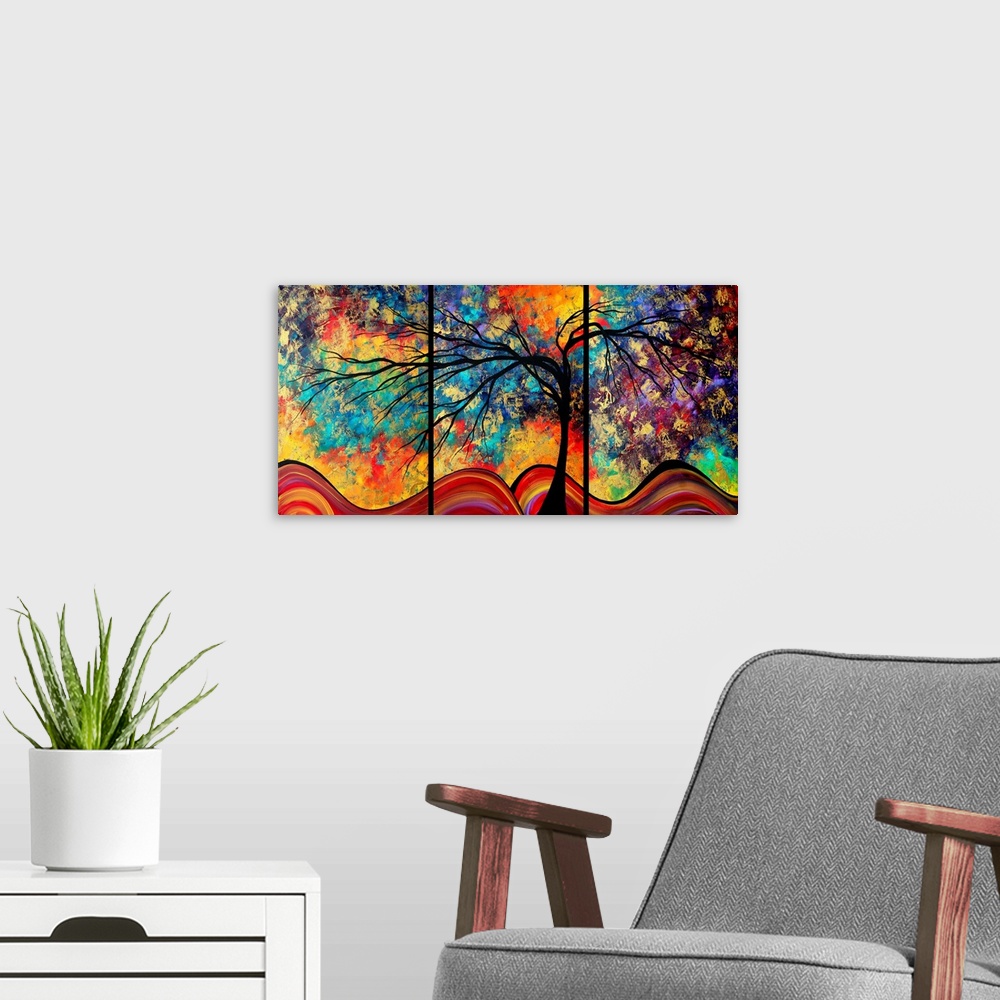 A modern room featuring An abstract tree in front of a surreal, other worldly sky in this horizontal art work perfect for...