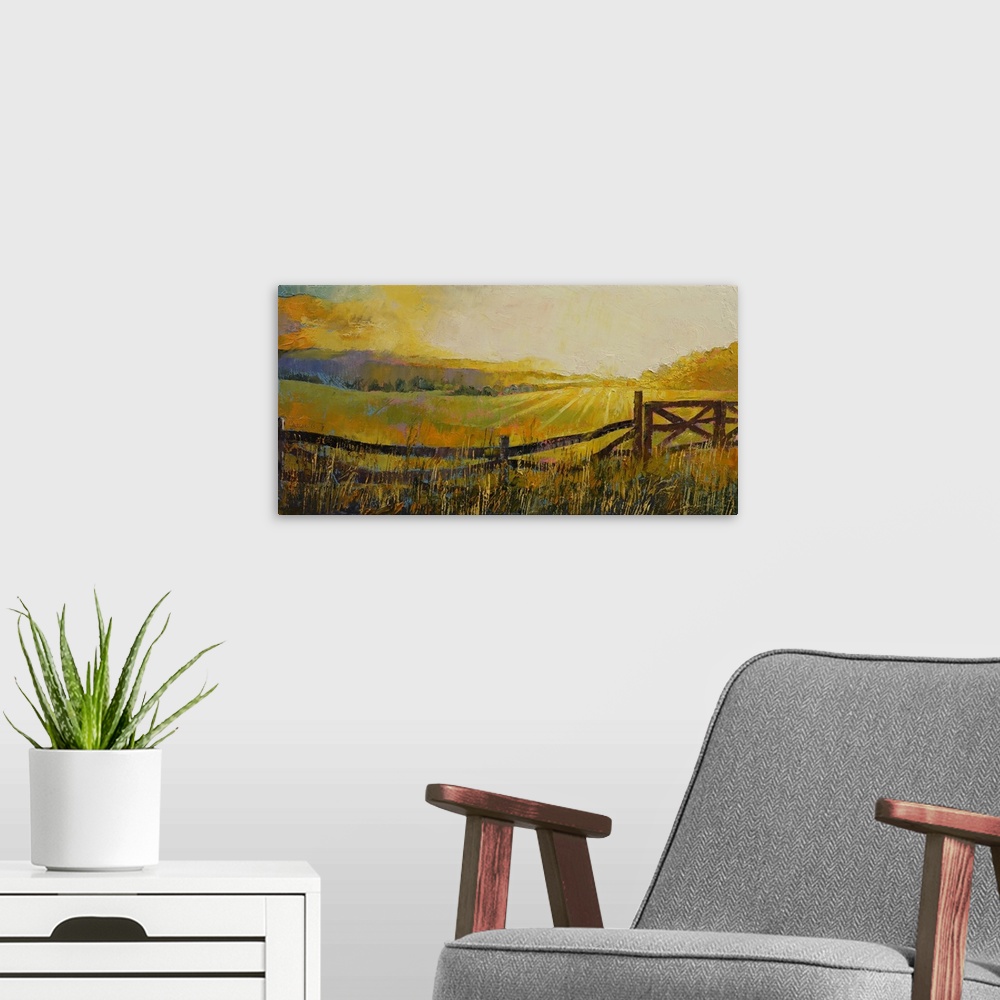 A modern room featuring A contemporary painting of a countryside landscape.