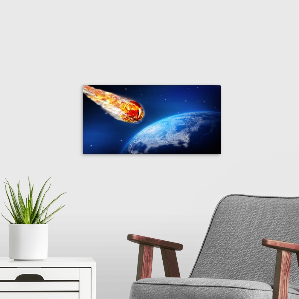 A modern room featuring Fiery comet heading towards the Earth
