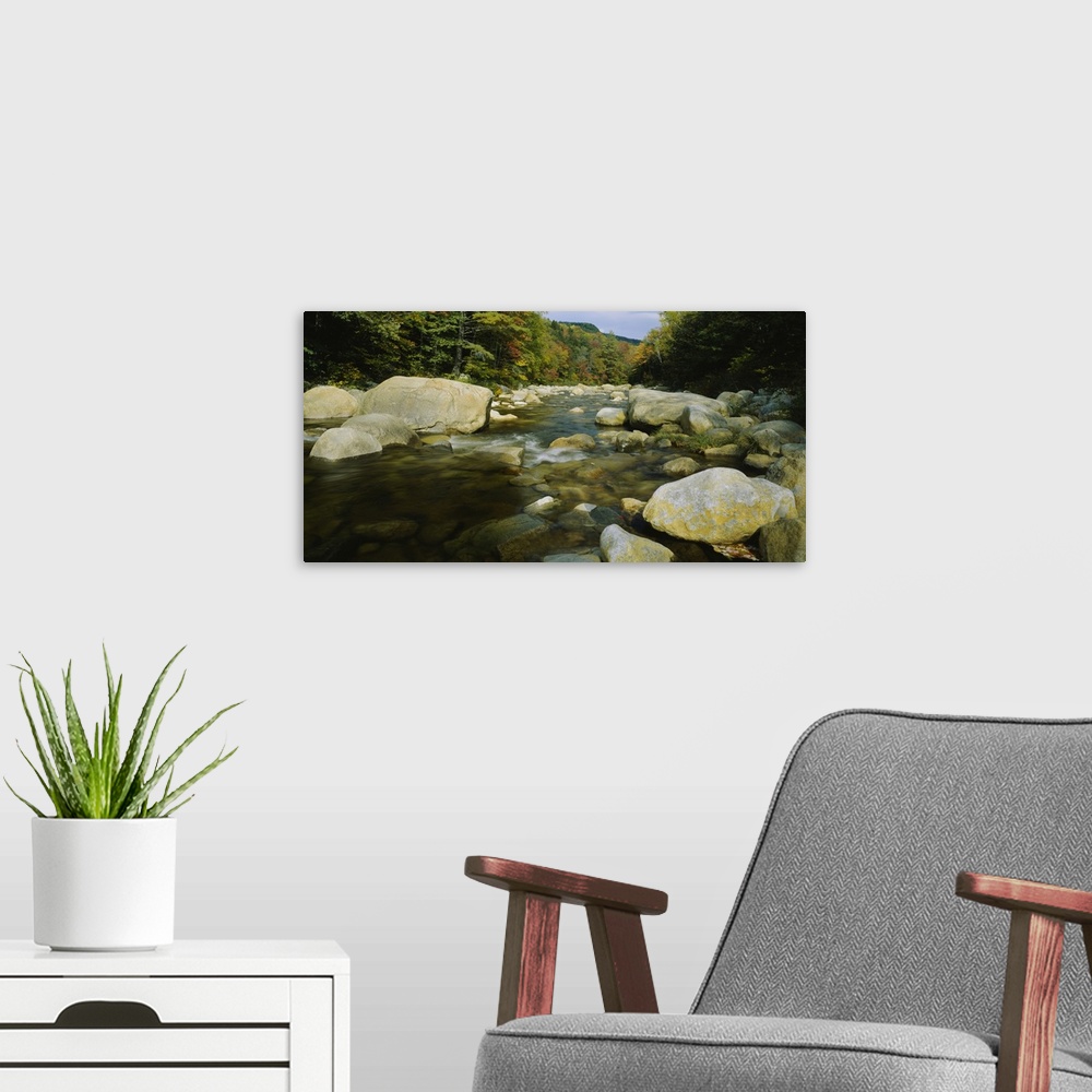 A modern room featuring Panoramic photograph taken of water slowly making its way down a stream littered with stones of a...