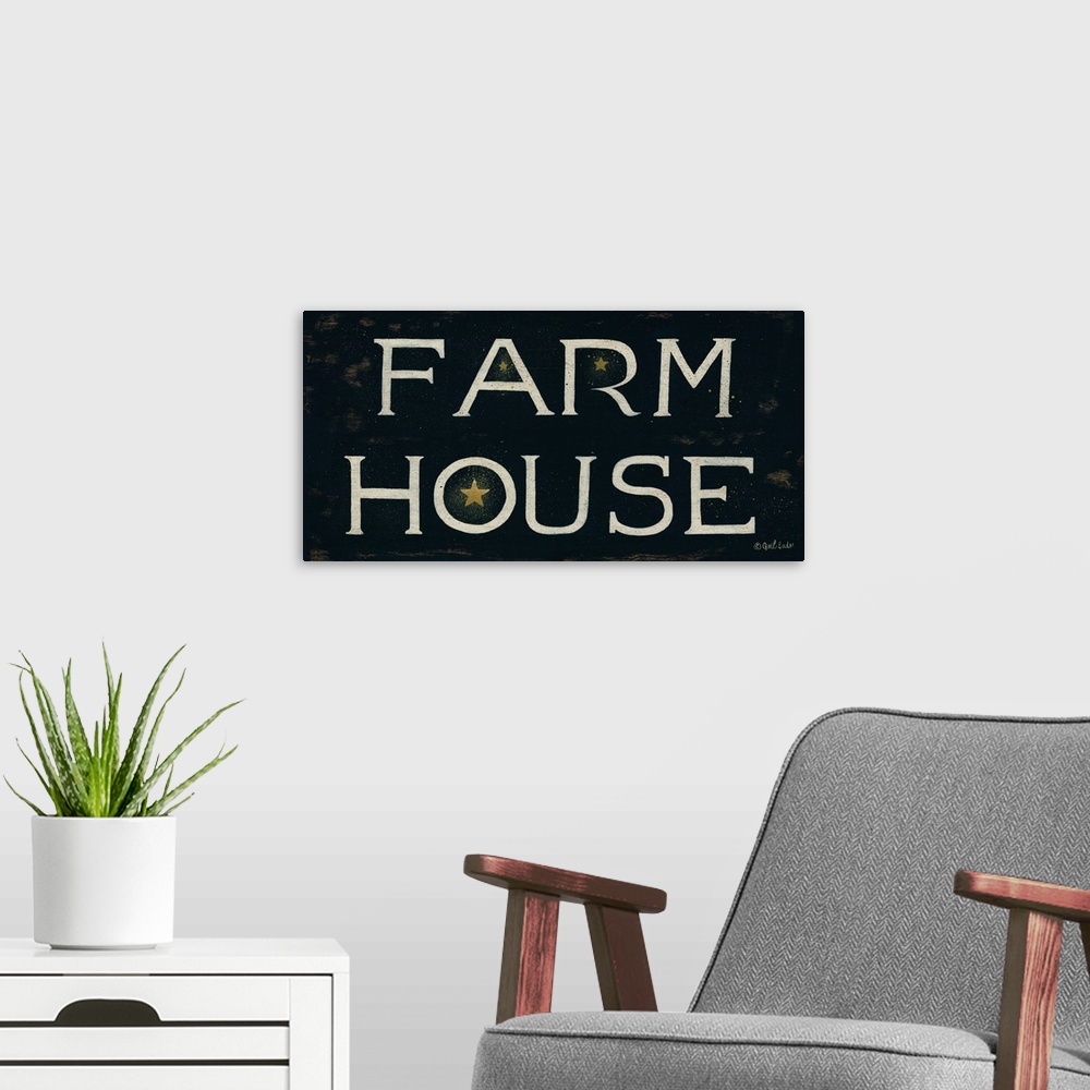 A modern room featuring Typography art of the words "Farm House" in capital letters with a star motif.