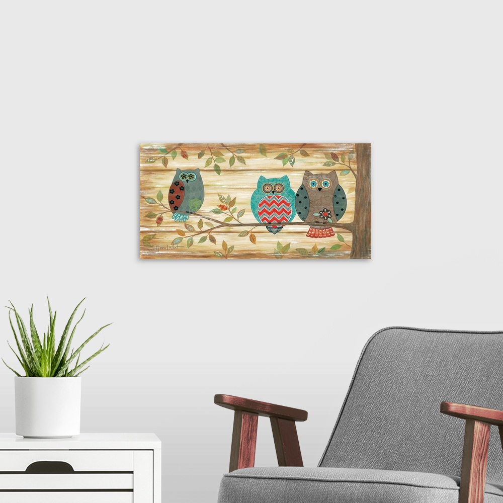 A modern room featuring Cute illustration of three owls with floral designs, perched on leafy branches.