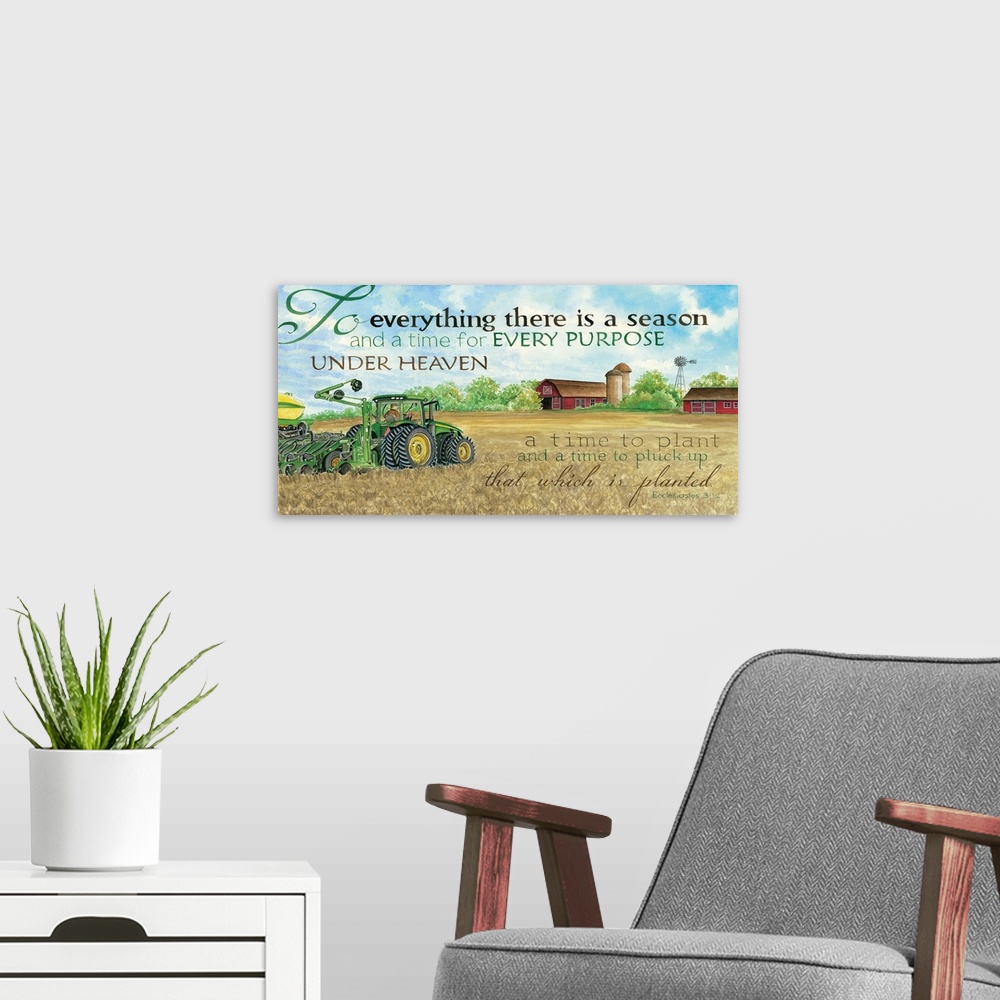 A modern room featuring Faith based typography art over an illustration of a tractor in a field near a farm and barn.
