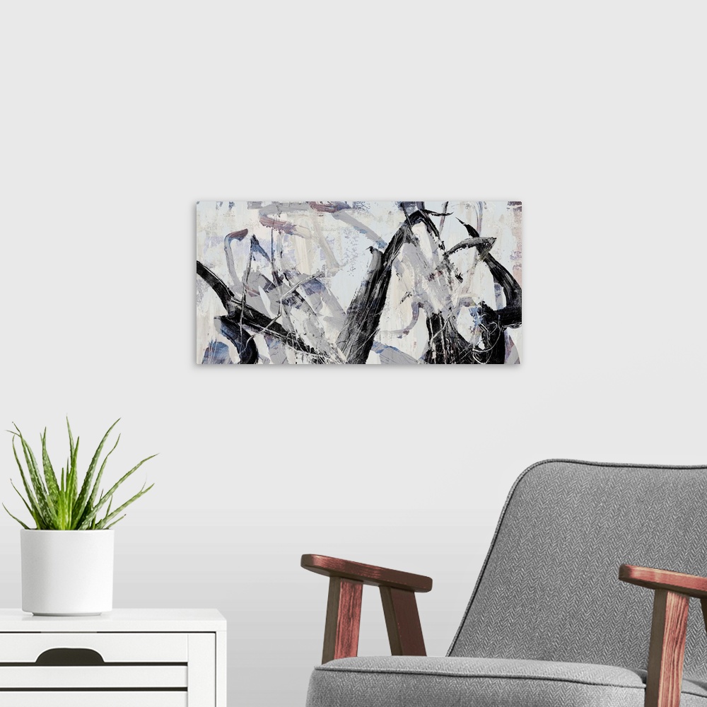 A modern room featuring Contemporary abstract artwork in shades of grey and black.