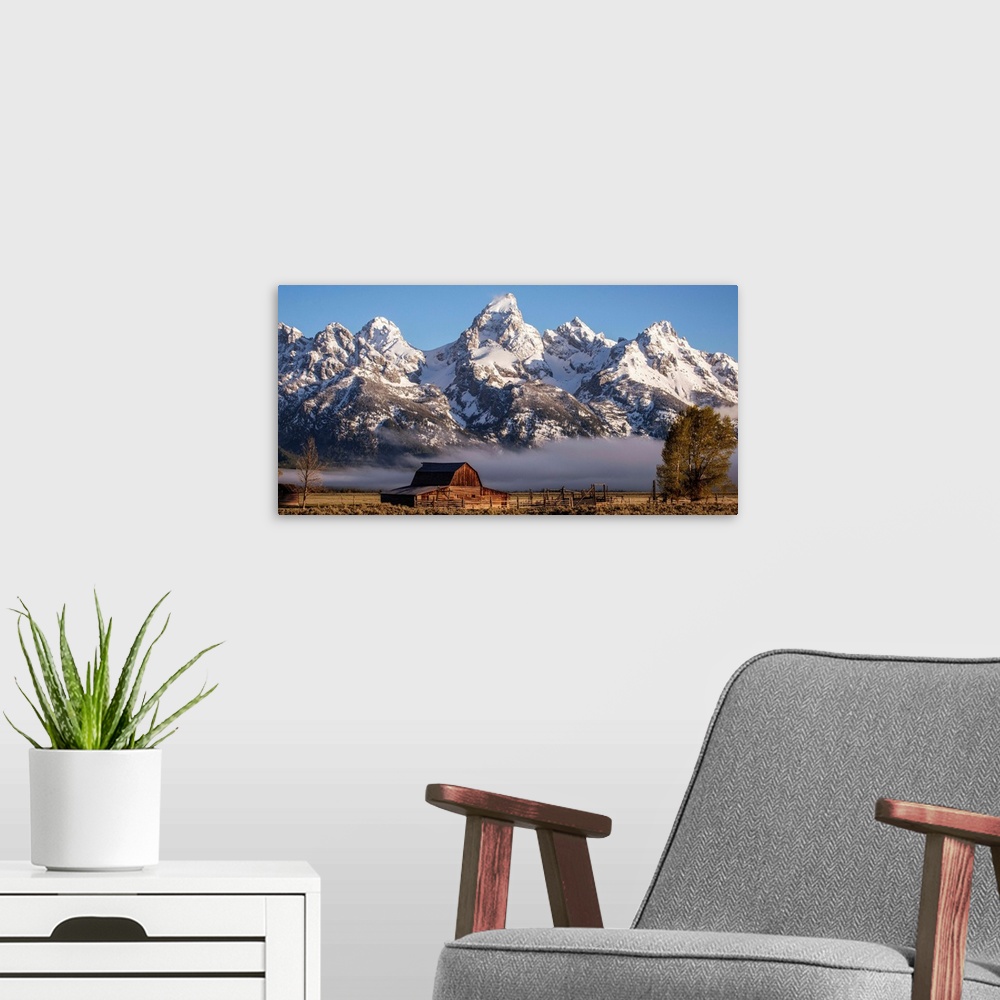 A modern room featuring View of the John Moulton Barn with Middle Teton, Grand Teton and Mount Owen in the background. Gr...