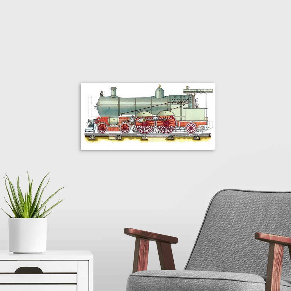 A modern room featuring Early American steam locomotive. Diagram and artwork of an early US steam locomotive. This contai...
