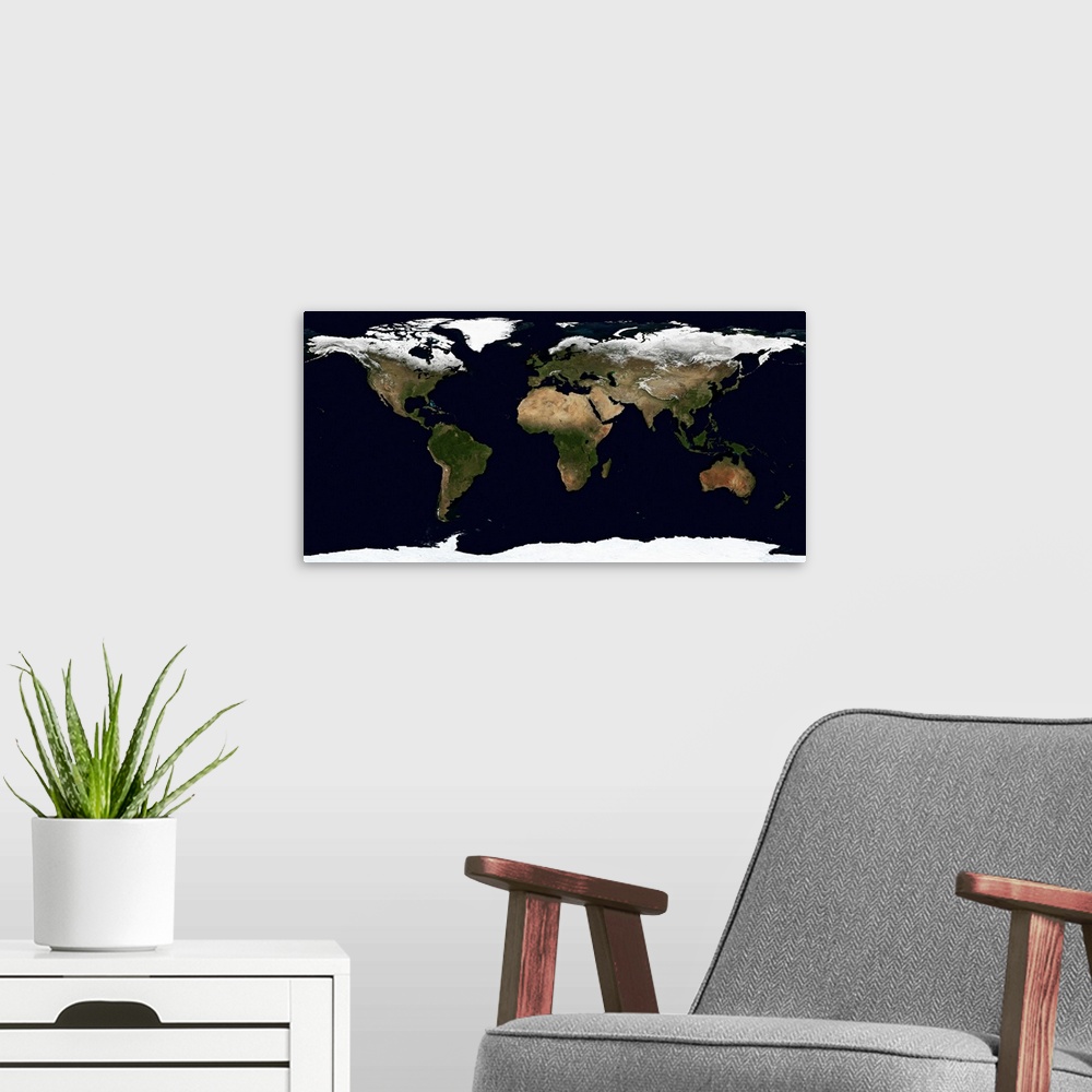 A modern room featuring Large panoramic canvas of Earth from space.
