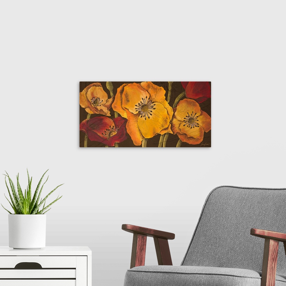 A modern room featuring Panoramic artwork of blooming poppy flowers and stems in vibrant tones against a dark background.
