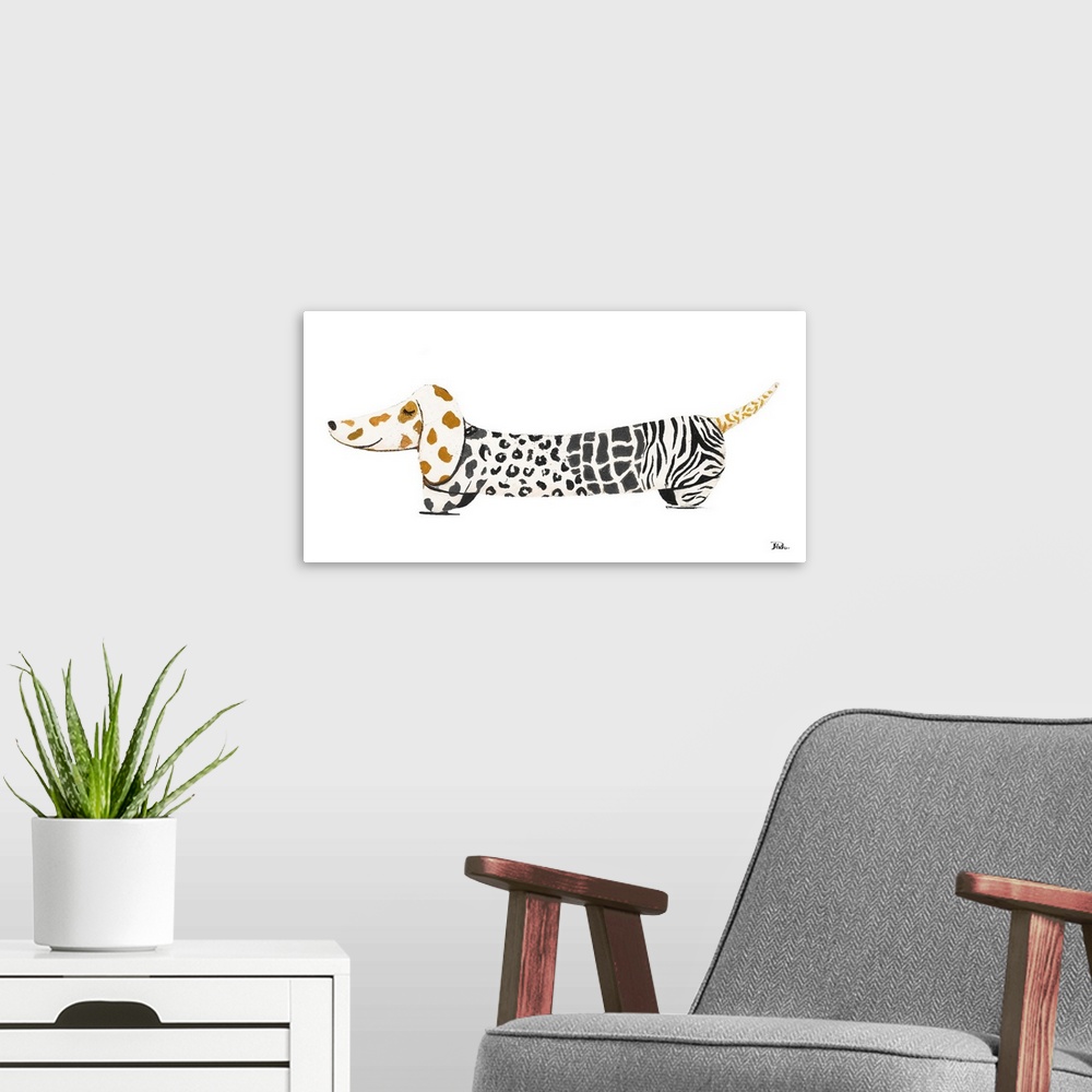 A modern room featuring Cute illustration of a dachshund with animal prints.