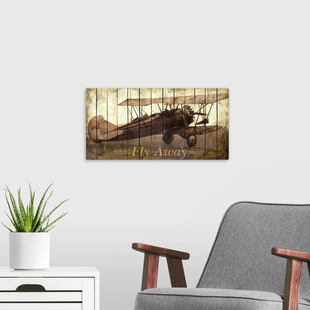 A modern room featuring Vintage photo of an airplane on canvas with a wooden and grungy texture overlaid on top.