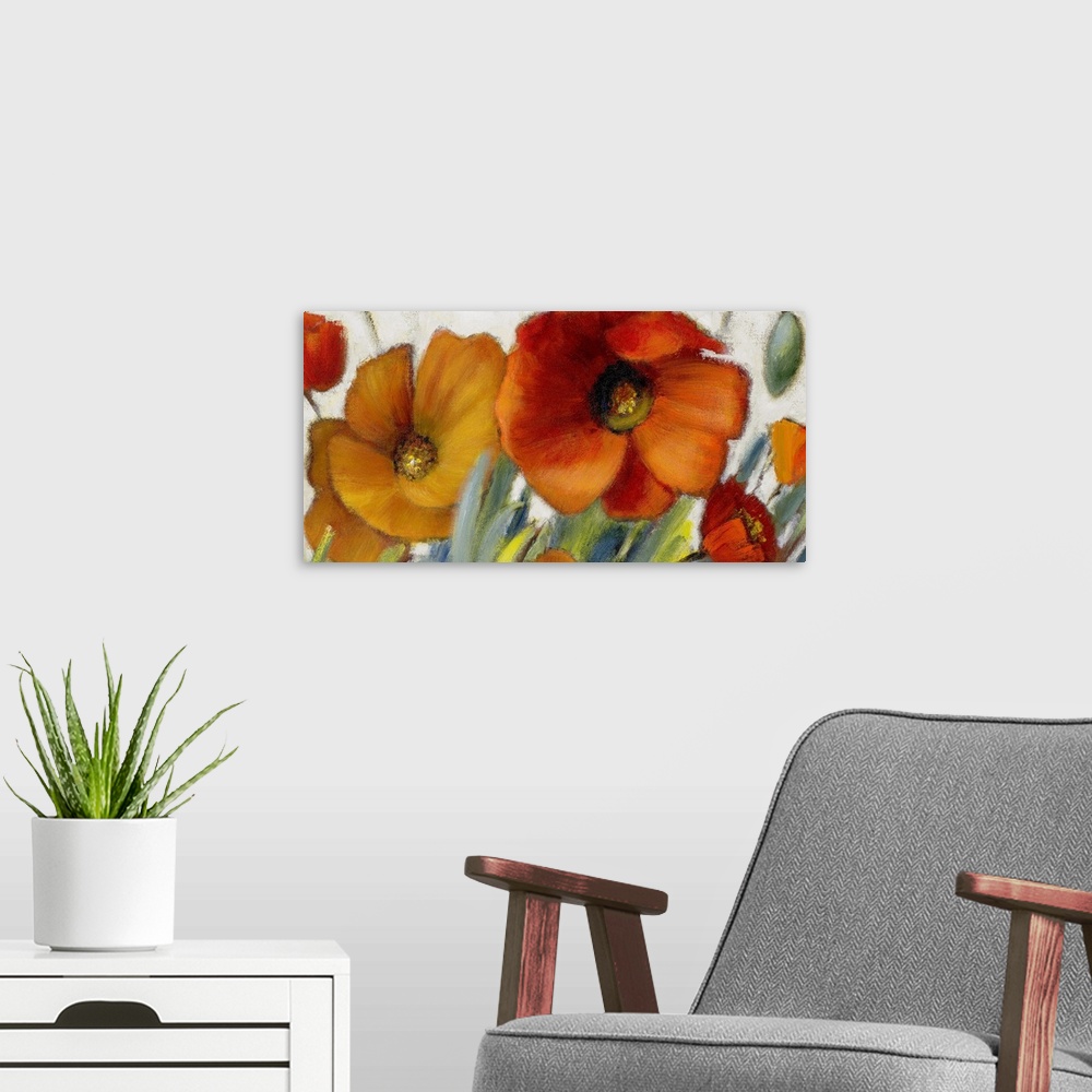 A modern room featuring Oversized, horizontal floral painting of two large poppies in warm tones, with several smaller po...