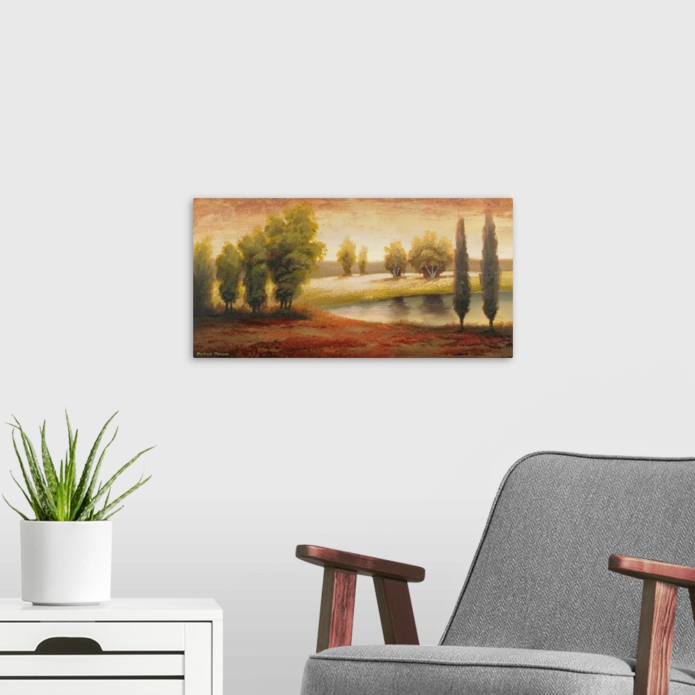 A modern room featuring Giant landscape painting of a vibrant summer landscape of small groups of trees surrounding a pon...
