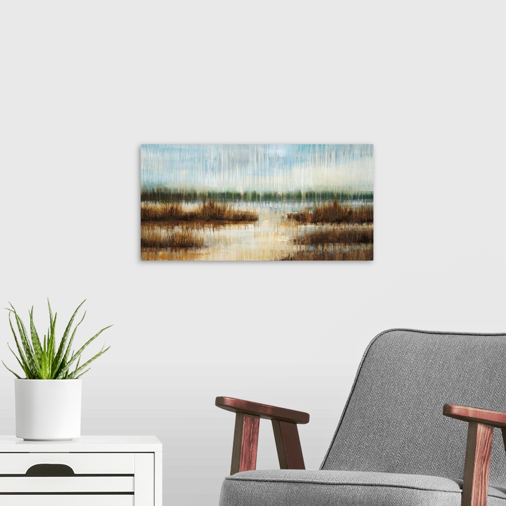 A modern room featuring Large panoramic artwork of a lake with small islands and a treeline in the distance. Rough textur...