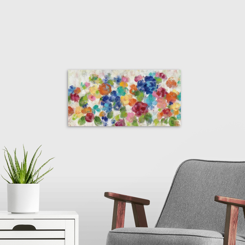 A modern room featuring Colorful abstract painting of hydrangeas.