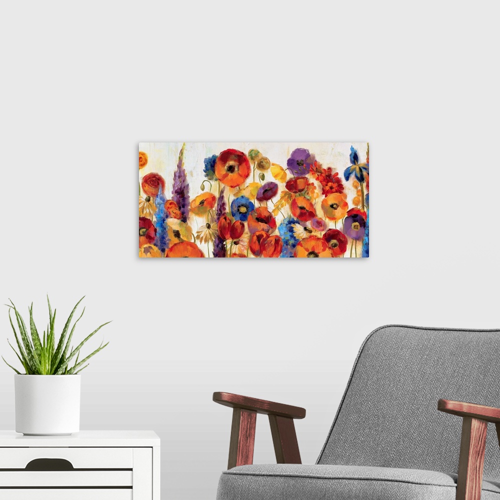 A modern room featuring A large canvas still life of a variety of vividly colored flowers for home art docor.