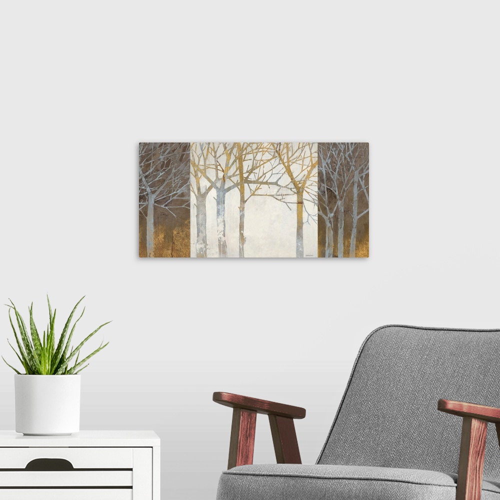 A modern room featuring A panoramic shaped contemporary painting of a grove of silhouetted threes against a contrasting b...