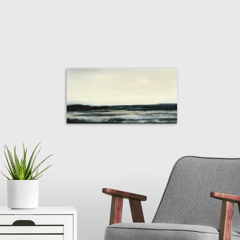 A modern room featuring Contemporary seascape painting of dark ocean waters under a pale yellow sky.