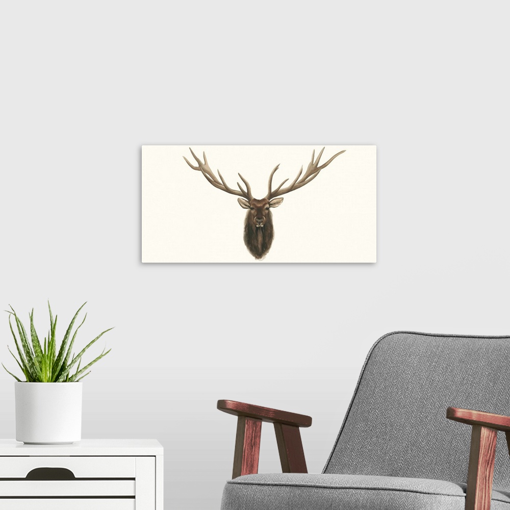 A modern room featuring Portrait of an elk with large antlers appearing to be hung on a wall like a hunting trophy.