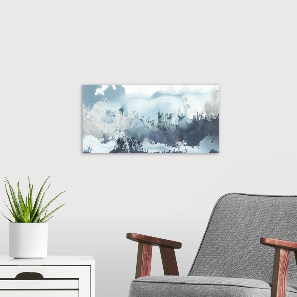 A modern room featuring Horizontal abstract painting of blended blue tones of watercolor.