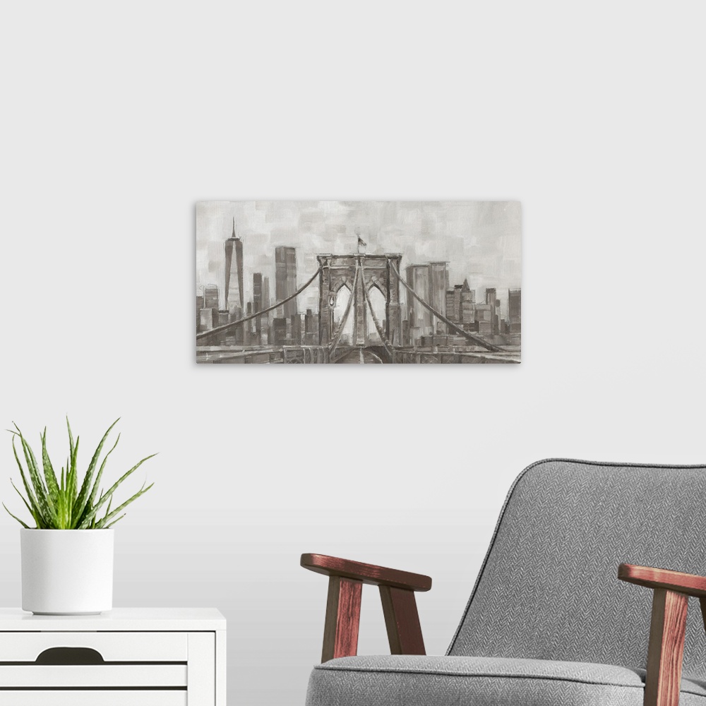 A modern room featuring Panoramic view of New York City painted in gray tones.