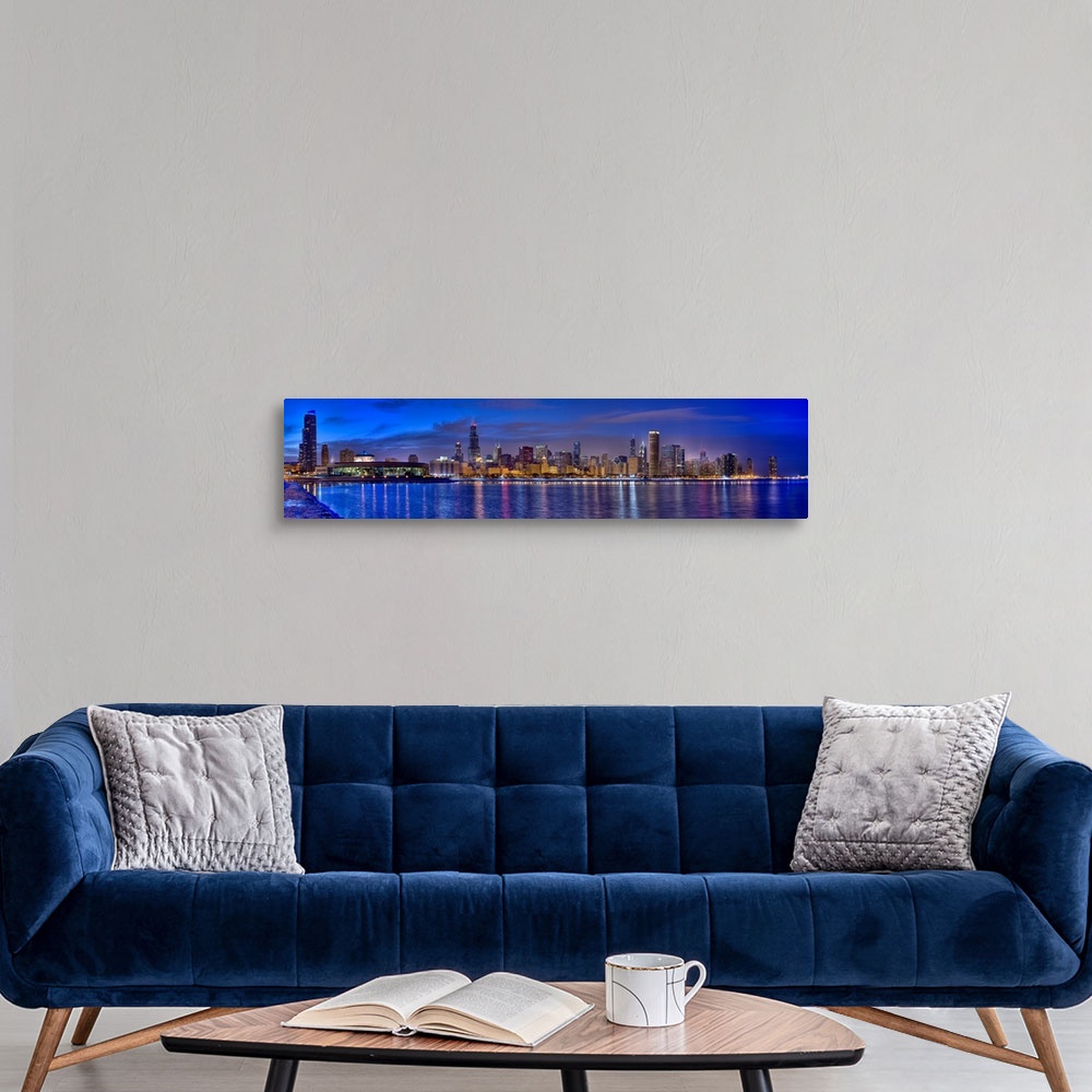 A modern room featuring Skylines at the waterfront at dusk, Chicago, Cook County, Illinois, USA.