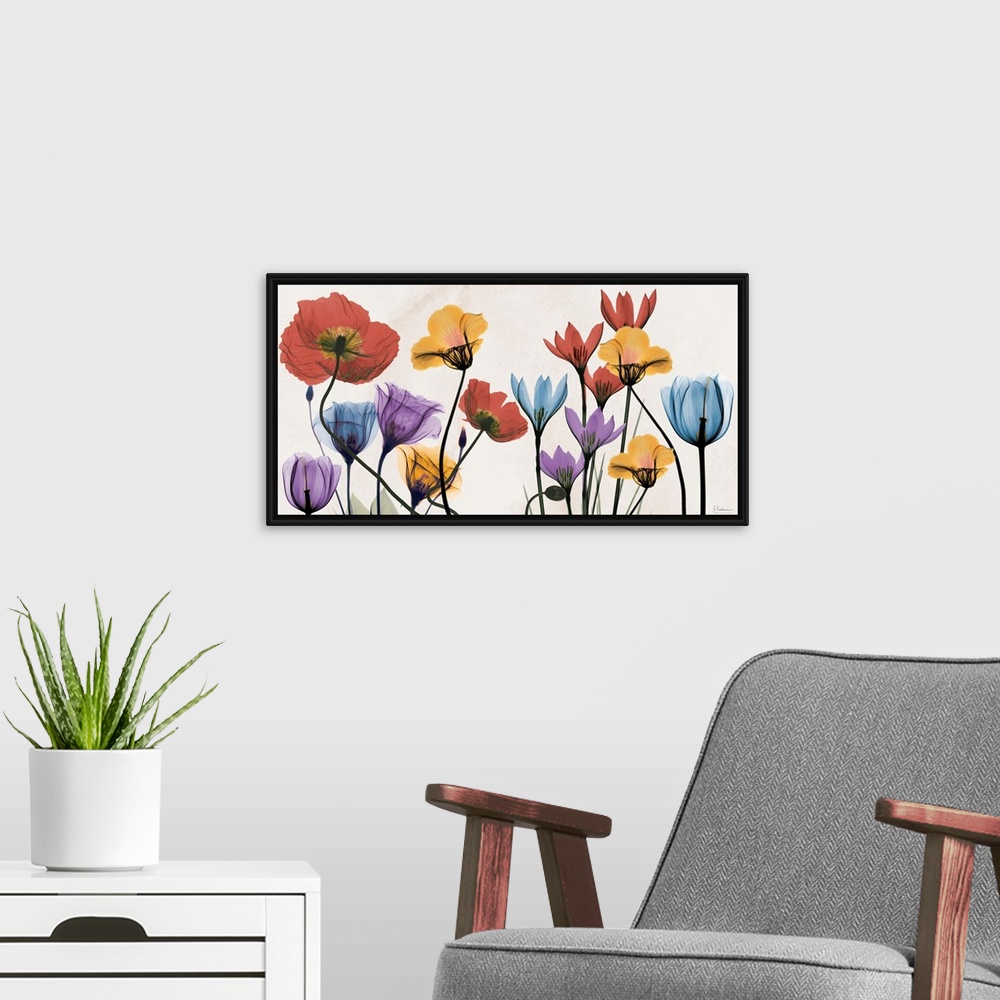 A modern room featuring X-ray photograph of spring time colorful flowers.