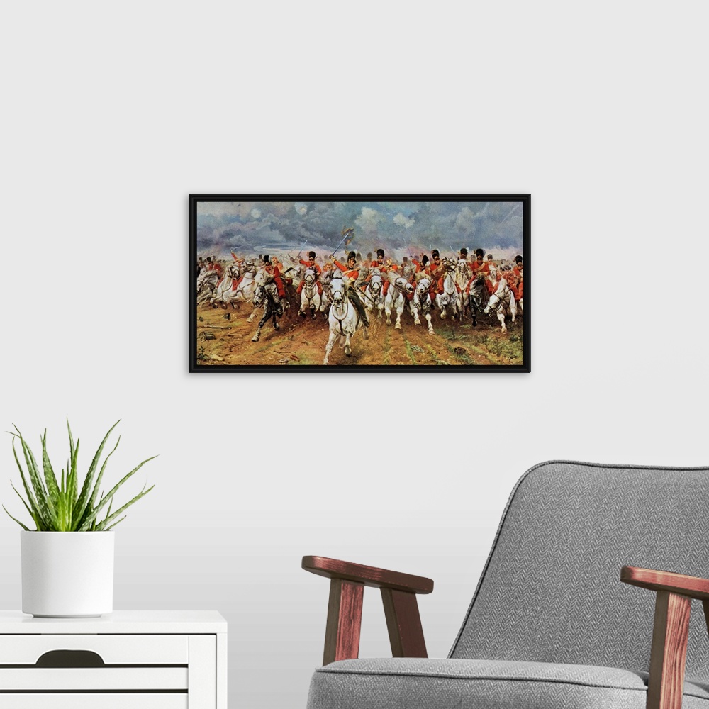 A modern room featuring Scotland Forever. The Royal Scots Greys Charge At Waterloo. Painting By Lady Elizabeth Butler. Fr...