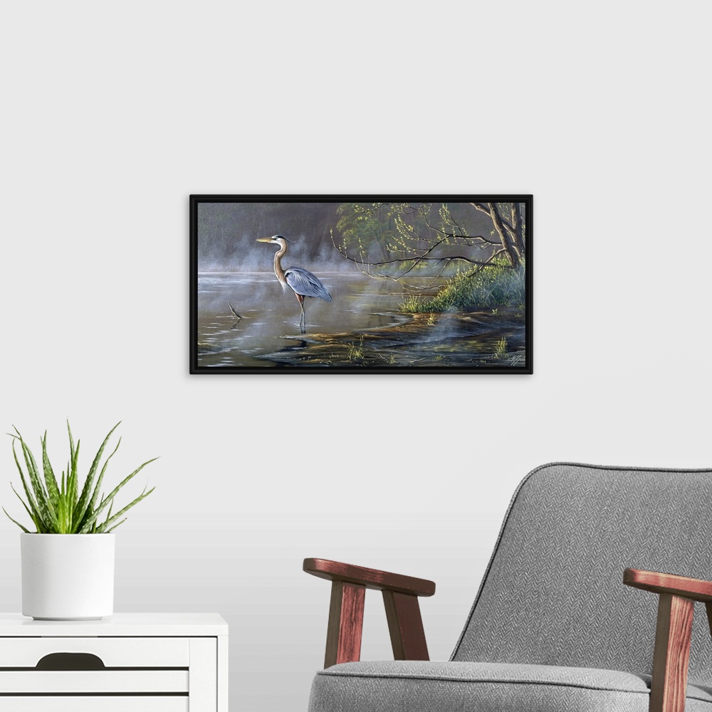A modern room featuring Great blue heron in a pond.
