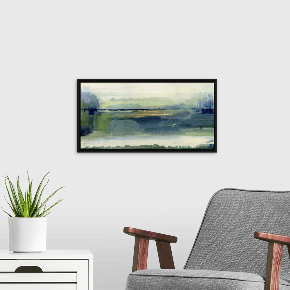 A modern room featuring Large contemporary painting of an abstract meadow landscape in shades of blue and green with hint...
