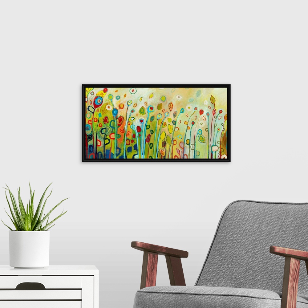 A modern room featuring Large contemporary painting with vertical, multicolor flowers and leaves.