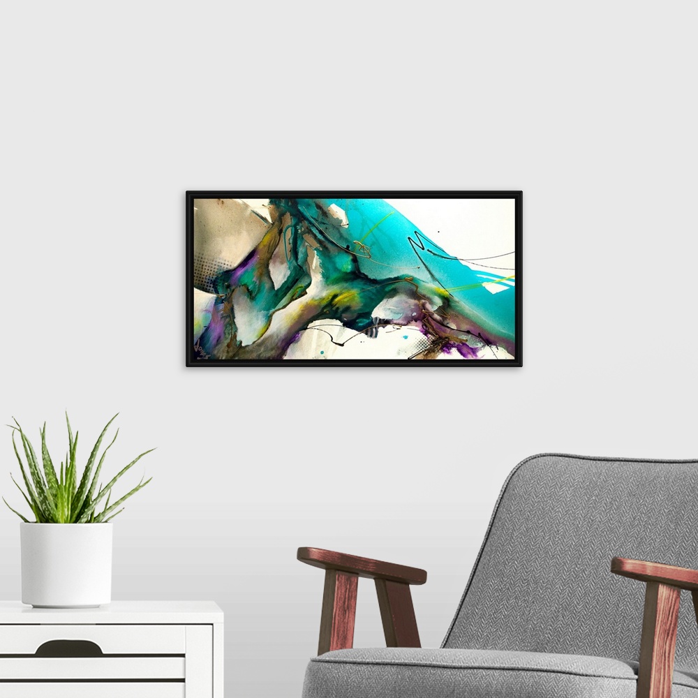 A modern room featuring Contemporary artwork of abstract bright colors, including teal hues against an off-white background.