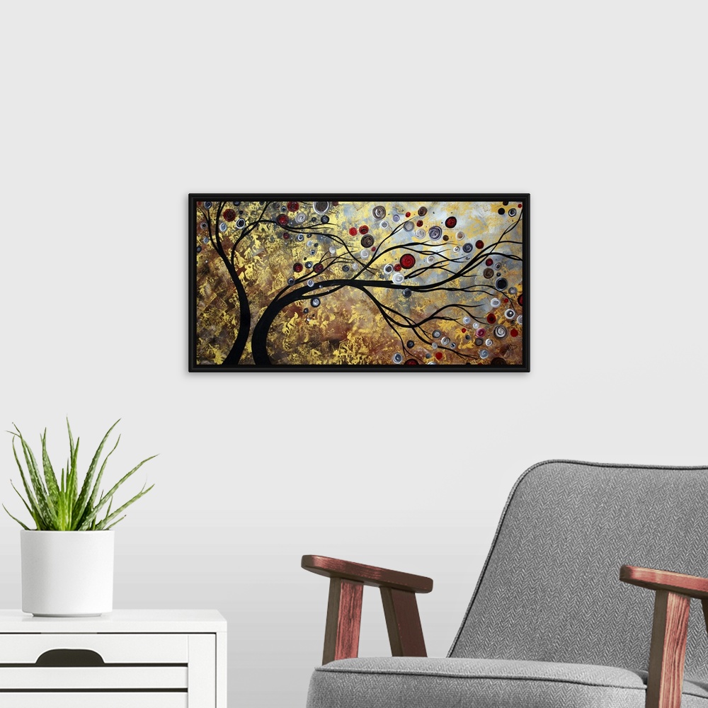 A modern room featuring Abstract artwork featuring two trees swaying surrounded by ciruclar and other ornate designs. Mix...