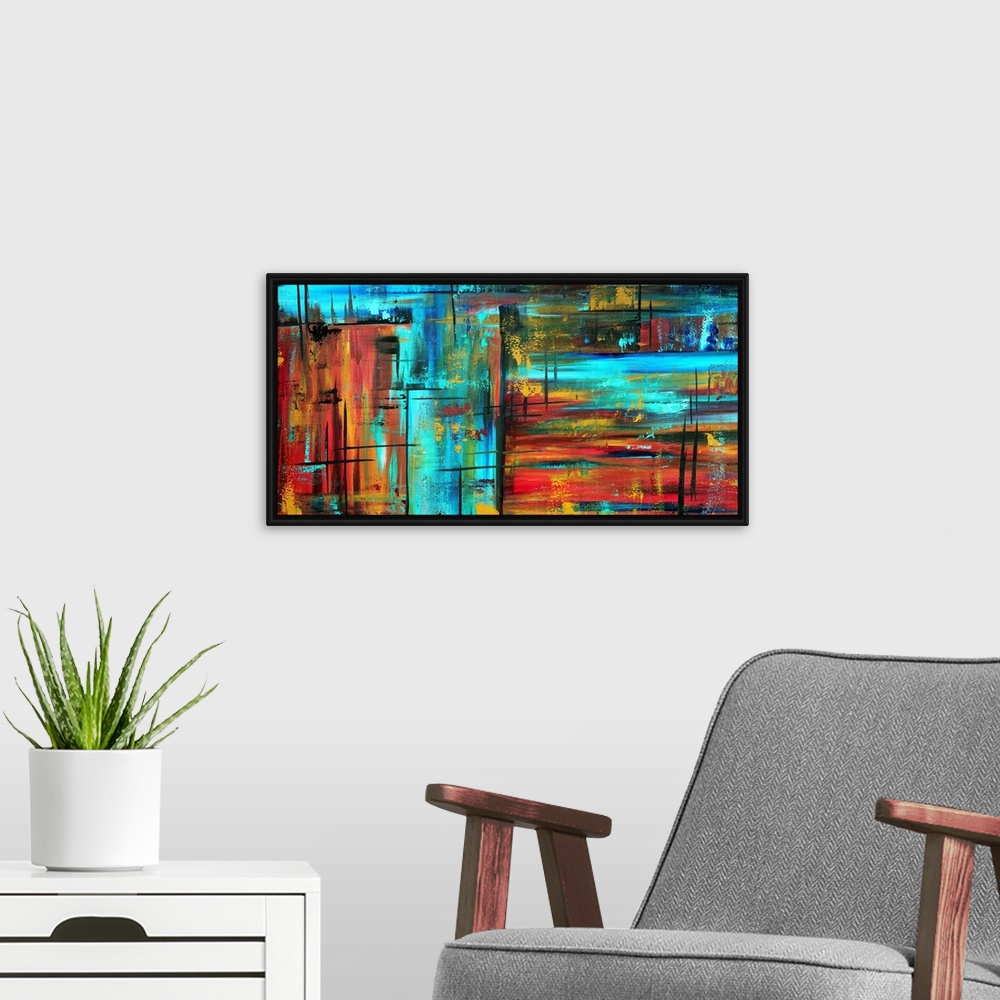 A modern room featuring This is a horizontal contemporary painting of neon colors and dark streaks creating a wild and ab...