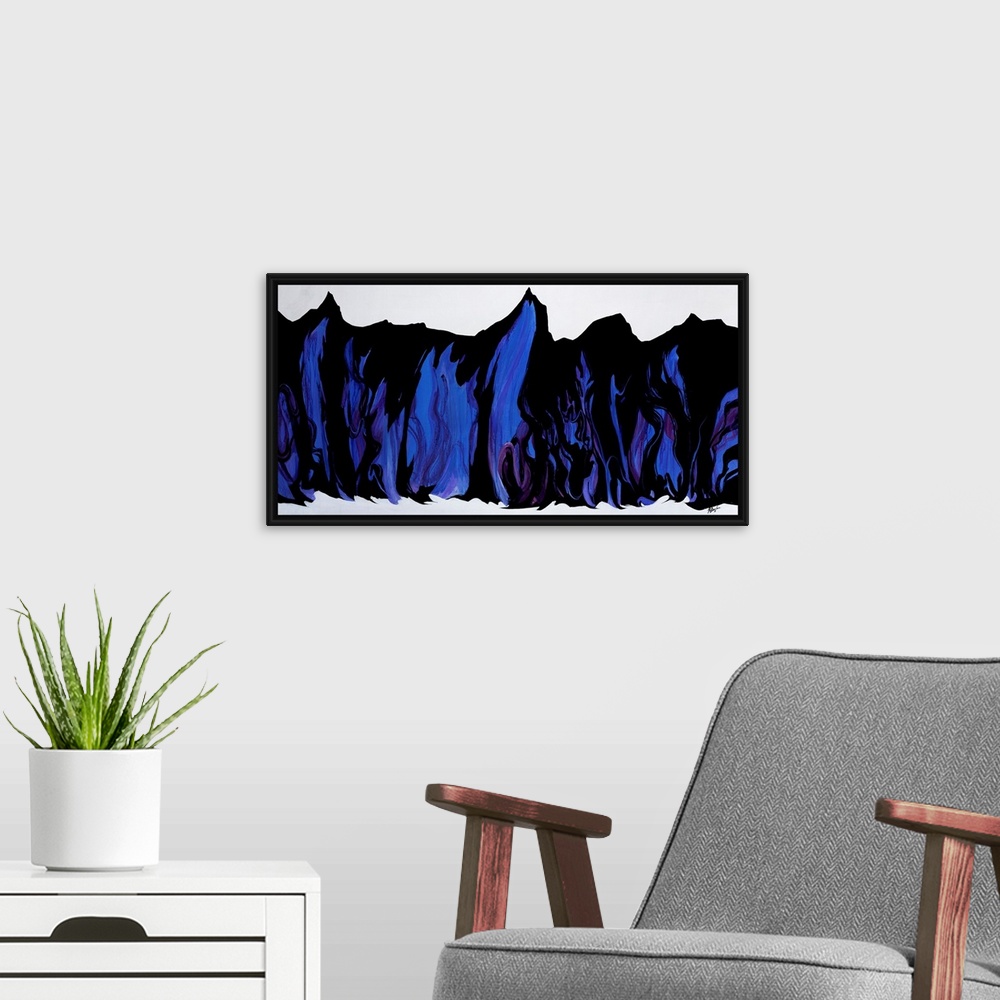 A modern room featuring Abstract artwork painting of rhythmic folds done in rich blue tones.