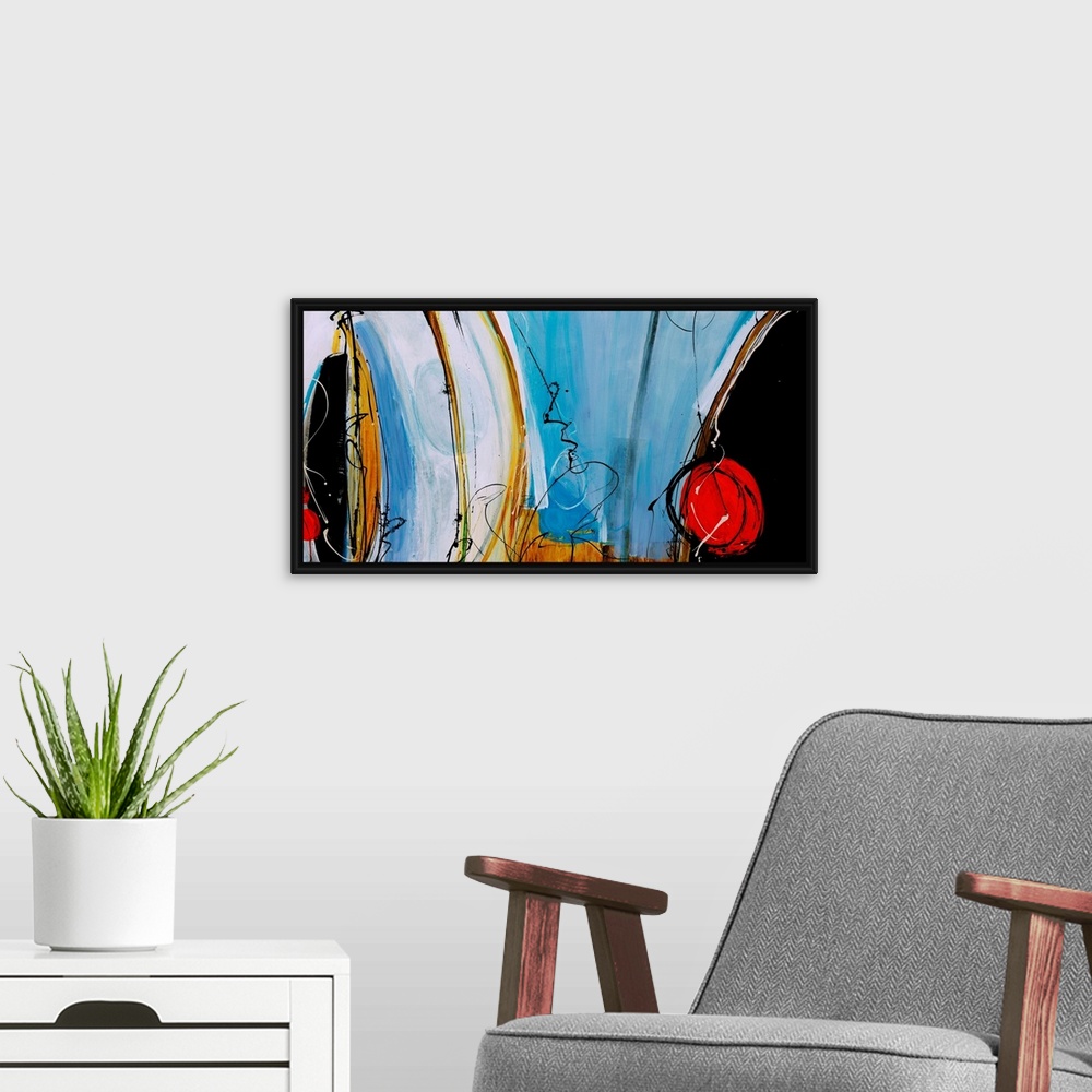 A modern room featuring Contemporary painting of light blue forms complemented by red, circular shapes, curved yellow lin...