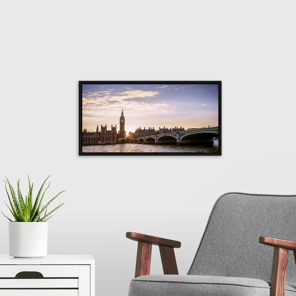 A modern room featuring Panoramic photograph of the Westminster Bridge over the River Thames with Big Ben in the backgrou...