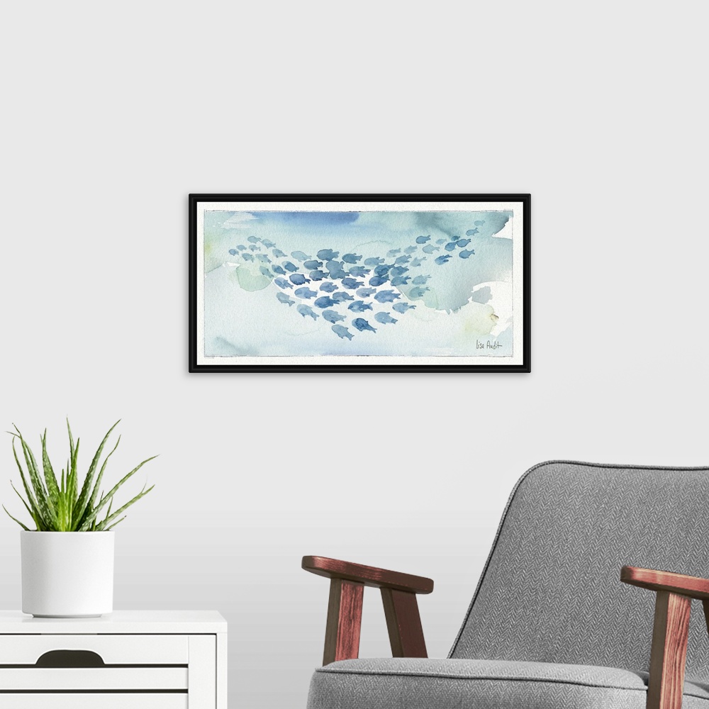 A modern room featuring Watercolor painting of a school of fish against a light blue background.