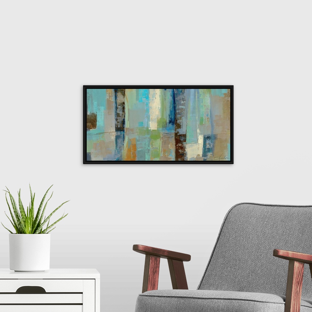 A modern room featuring Large abstract canvas art incorporates lots of rectangles, squares and mellow tones with rough ed...