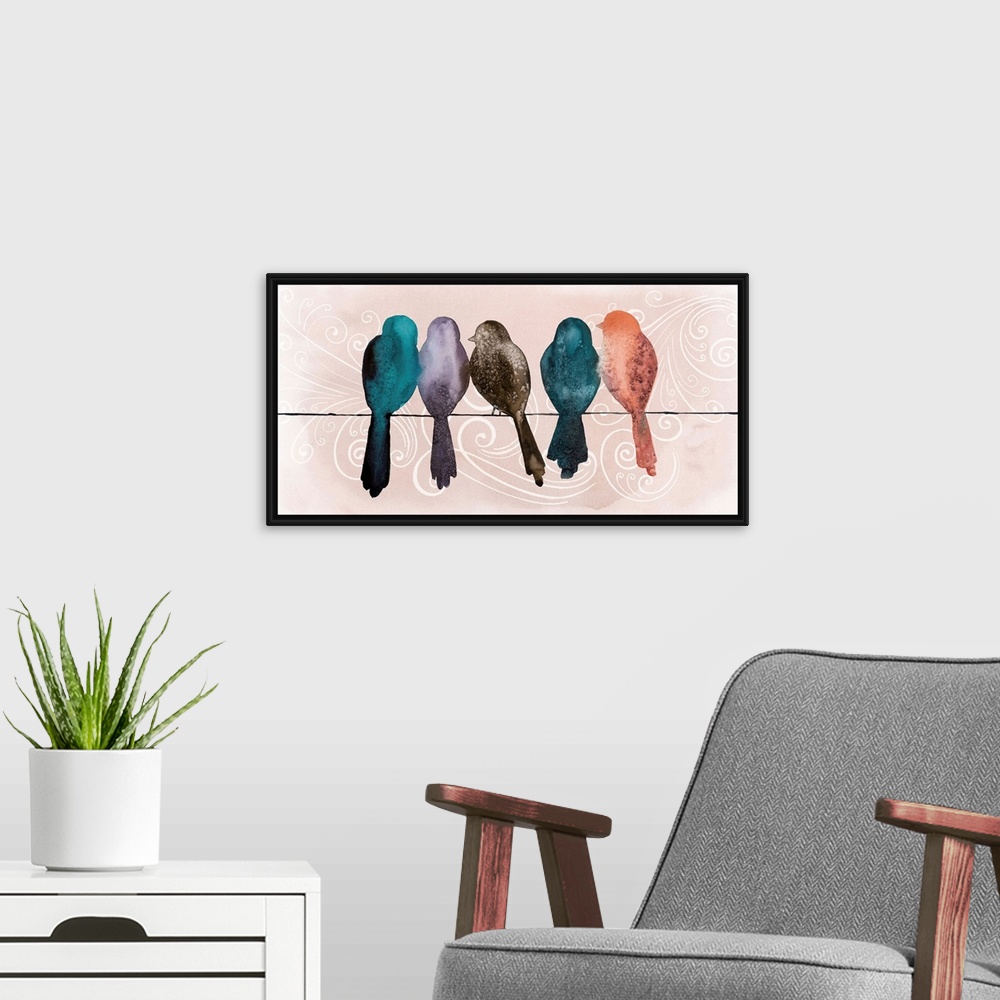 A modern room featuring Five watercolor bird silhouettes perched on a thin wire.