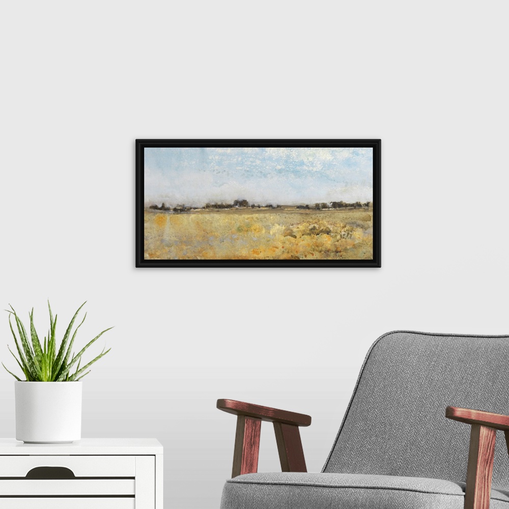A modern room featuring A beautiful pastoral panoramic landscape of golden autumn fields under a blue sky