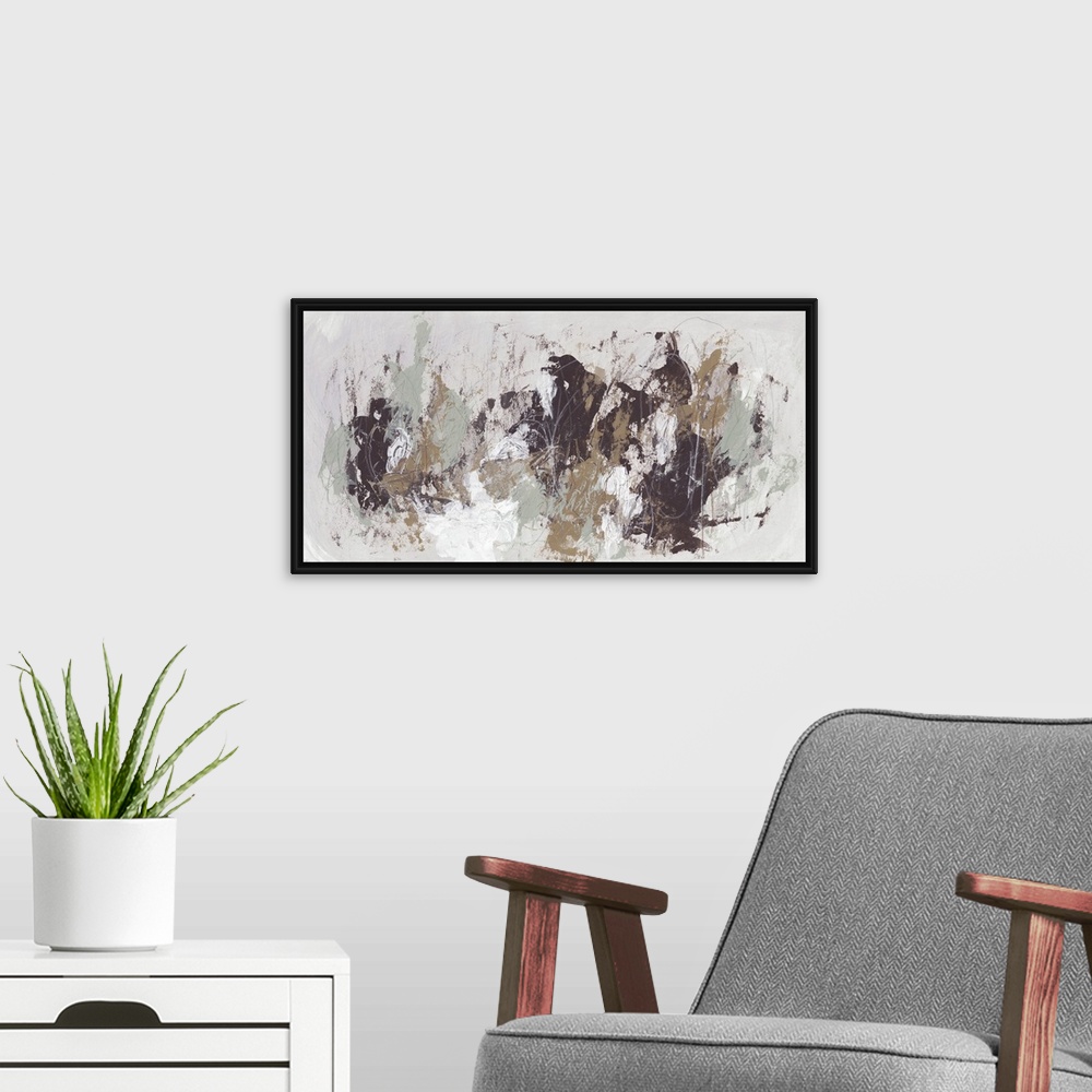 A modern room featuring Contemporary abstract painting using earth tones and splash style application.